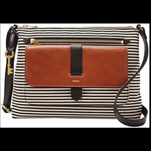 NWT FOSSIL Kinley Large Crossbody Bag Black White Stripe